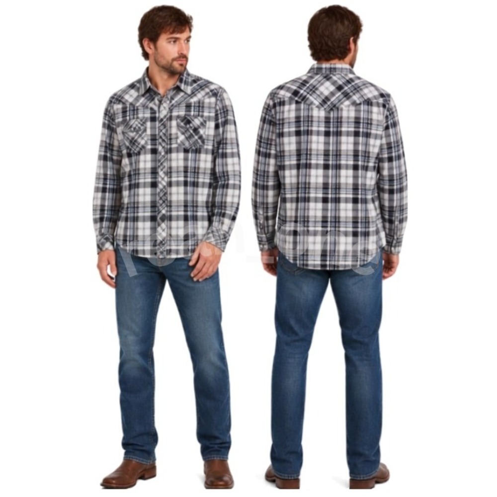 BKE Men's Slim Fit Stretch Blue/Gray Plaid Snap Front Long Sleeve Shirt X-Large
